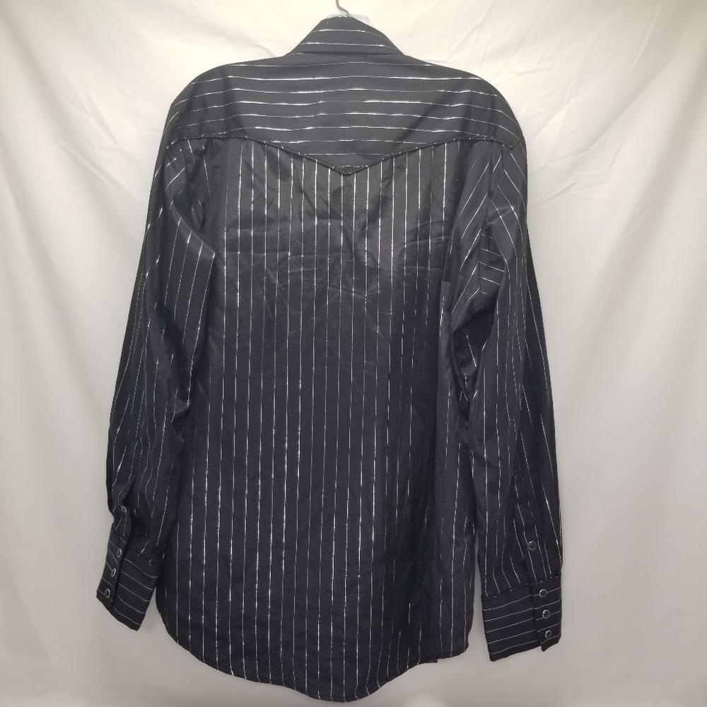 Roper Men Sz L Western Snap Pearl Shirt Black Silver Metallic Stripe Rodeo - Picture 3 of 14